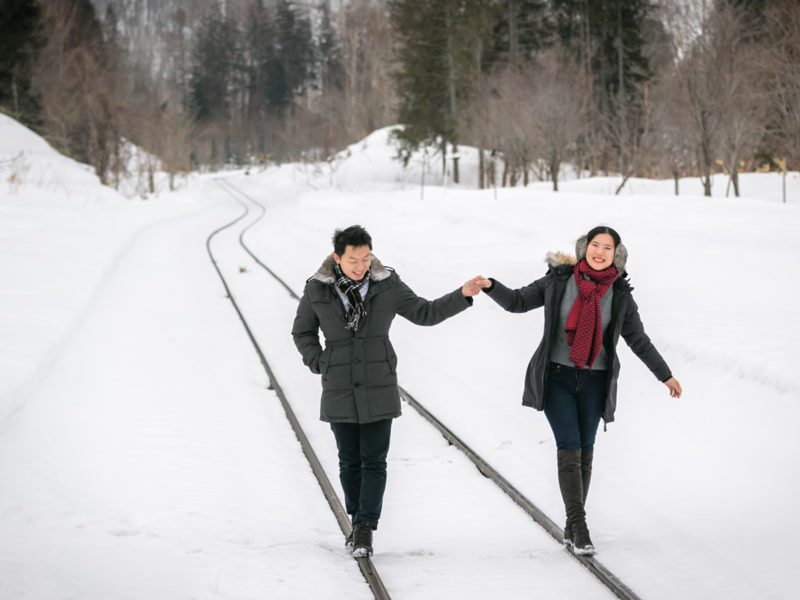On the Niseko tracks for their engagement photography