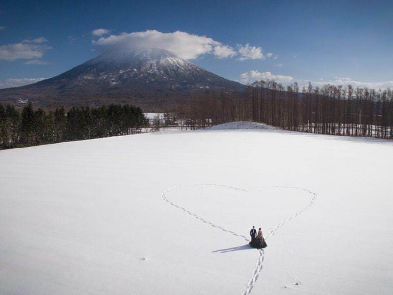 Pre wedding drone aerial photography with Mt Yotei