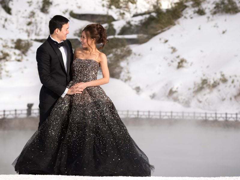 Xilin and Yang at a natural onsen for the pre wedding shoot